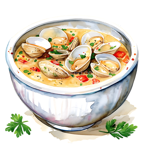 Watercolor Clam Chowder Breakfast Soup with Fresh Herbs Illustration