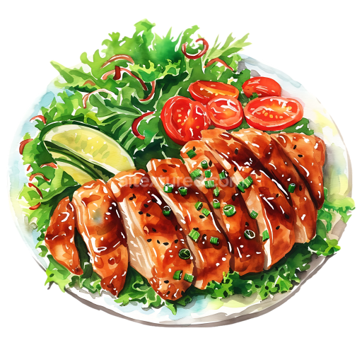 Chicken Teriyaki Salad Breakfast Plate with Fresh Greens and Tomatoes