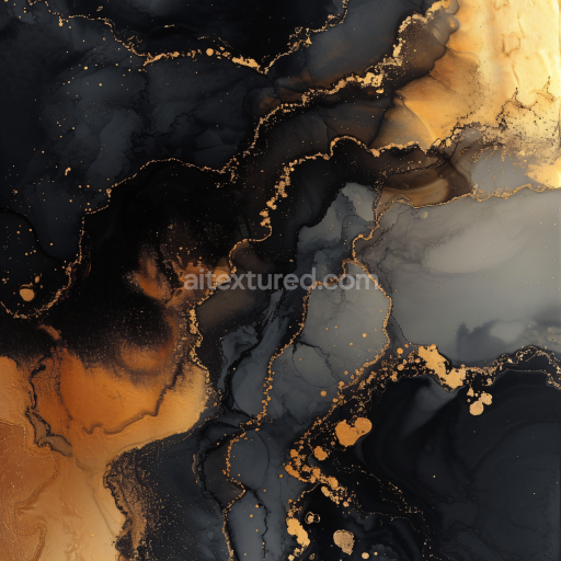 Seamless 3D Alcohol Ink PBR Texture with Black and Gold Veins and Fluid Marbling