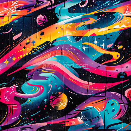 Seamless 3D PBR graffiti texture featuring vibrant cosmic swirls and neon colors