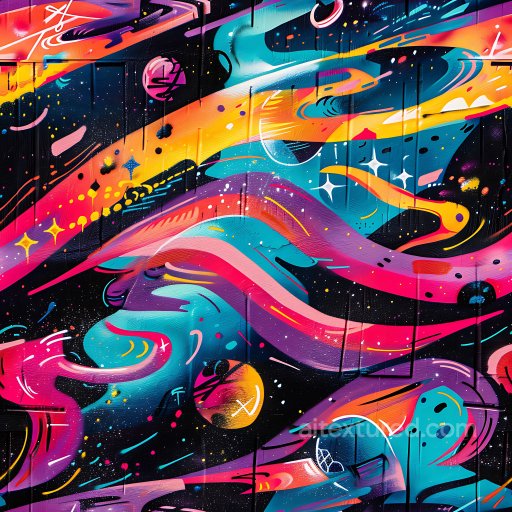 Seamless 3D PBR graffiti texture featuring vibrant cosmic swirls and neon colors texture preview
