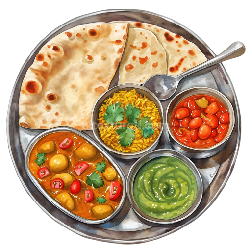 Indian Breakfast Platter with Curry, Rice, Chutney, and Naan Bread Illustration