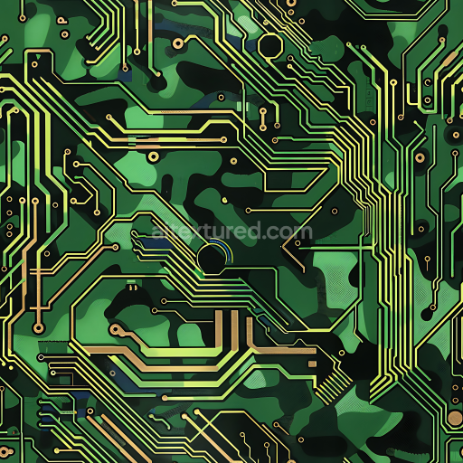 Seamless 3D PBR Camouflage Texture with Futuristic Circuitry Overlay in Green Tones