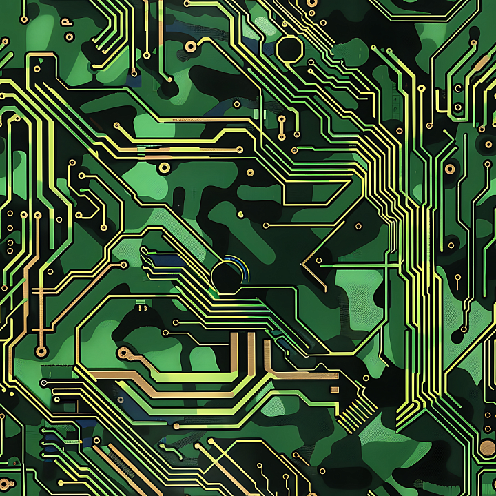 Camouflage with Futuristic Circuitry Overlay in Green Tones seamless PBR texture preview
