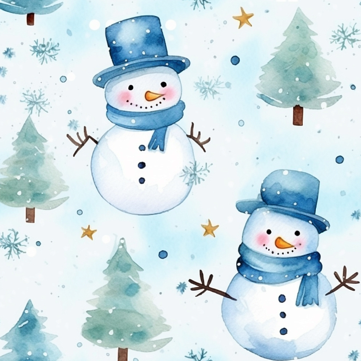 Watercolor Christmas with Snowmen and Pine Trees Wood seamless PBR texture preview