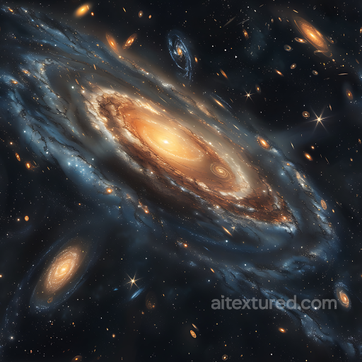 Space PBR Texture Featuring Spiraling Galaxy Clusters with Warm and Cool Hues seamless Star, space, planets PBR texture