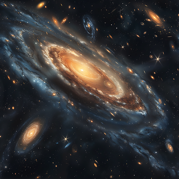 Space Featuring Spiraling Galaxy Clusters with Warm and Cool Hues seamless PBR texture preview