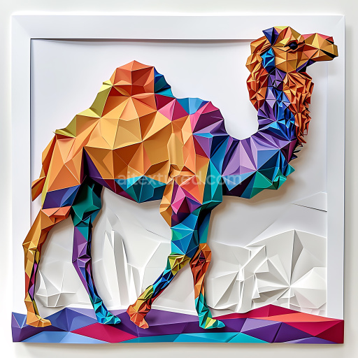 Seamless 3D PBR Texture Featuring Vibrant Origami-Style Bactrian Camel with Multicolor Faceted Geometry