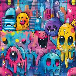 seamless Seamless 3D PBR Graffiti Texture Featuring Vibrant Cartoon Monsters and Urban Skyline texture 8k free download PBR