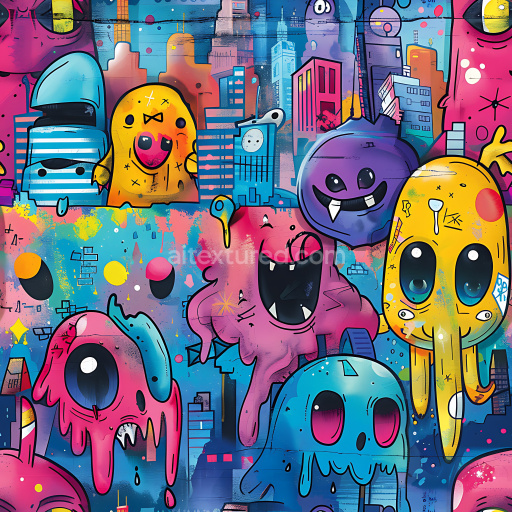 Seamless 3D PBR Graffiti Texture Featuring Vibrant Cartoon Monsters and Urban Skyline