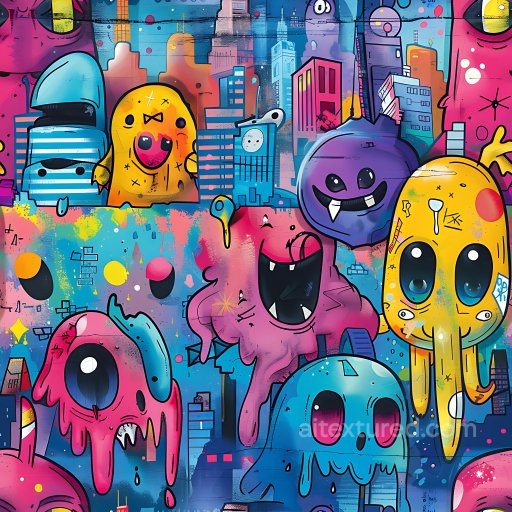 Seamless 3D PBR Graffiti Texture Featuring Vibrant Cartoon Monsters and Urban Skyline texture preview