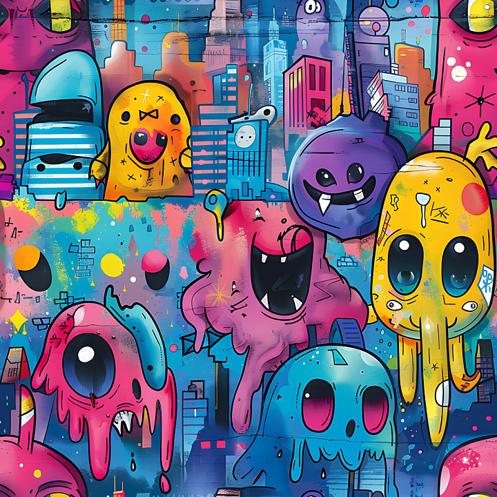 Graffiti Featuring Vibrant Cartoon Monsters and Urban Skyline seamless PBR texture preview