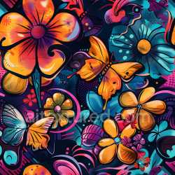 seamless Seamless 3D PBR Graffiti Texture Featuring Vibrant Orange Flowers and Butterflies texture 8k free download PBR