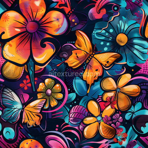 Seamless 3D PBR Graffiti Texture Featuring Vibrant Orange Flowers and Butterflies