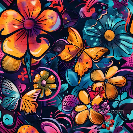 Seamless 3D PBR Graffiti Texture Featuring Vibrant Orange Flowers and Butterflies texture preview