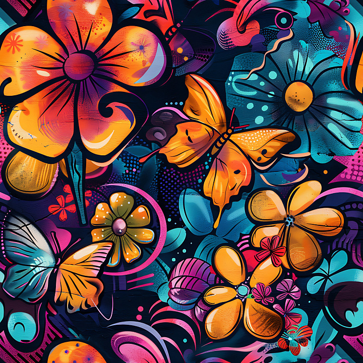 Graffiti Featuring Vibrant Orange Flowers and Butterflies seamless PBR texture preview