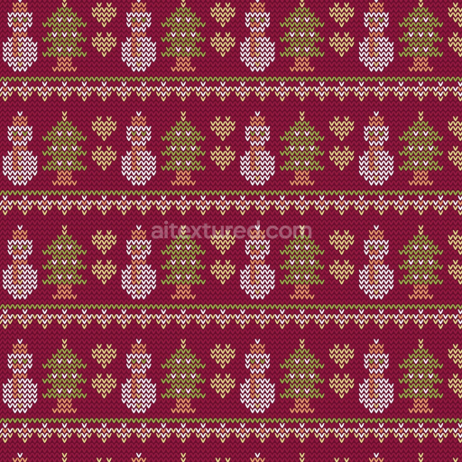 Seamless 3D PBR Texture of Christmas Knit Pattern with Snowmen & Trees