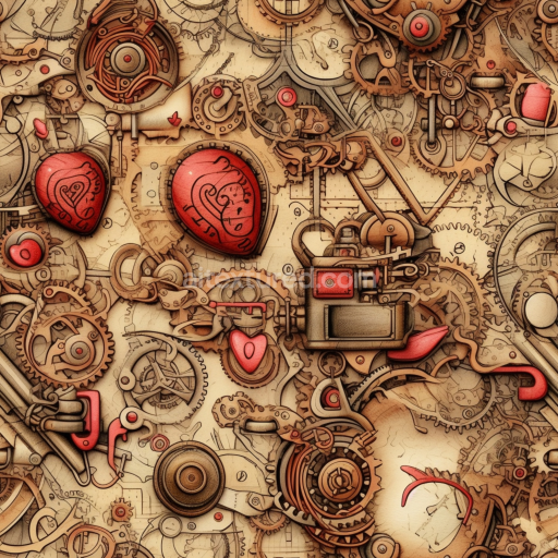 Seamless 3D PBR Texture Featuring Intricate Vintage Mechanical Scrapbook Elements