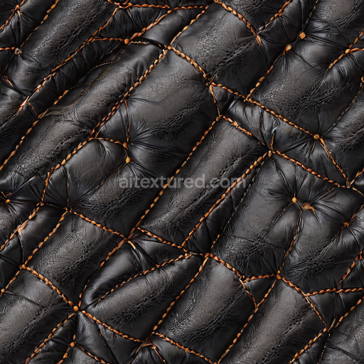 Seamless 3D PBR Texture of Black Distressed Stitched Leather with Quilted Patches