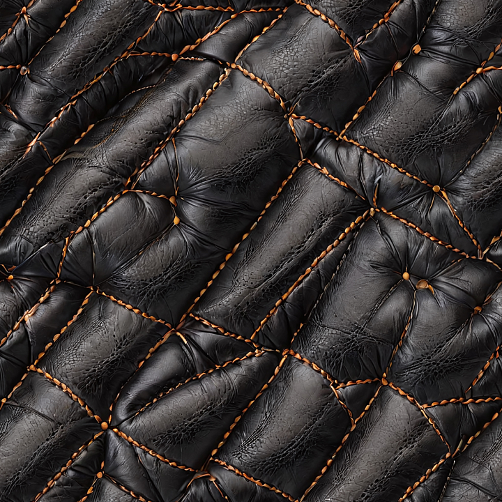 Black Distressed Stitched Leather with Quilted Patches seamless PBR texture preview