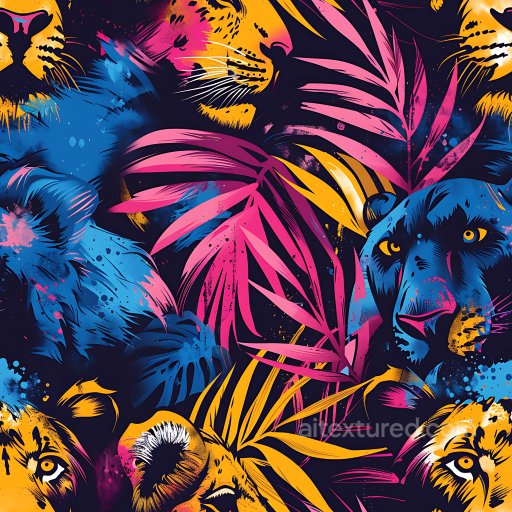 Seamless 3D PBR Graffiti Texture Featuring Bold Tigers and Tropical Foliage in Vibrant Co… texture preview
