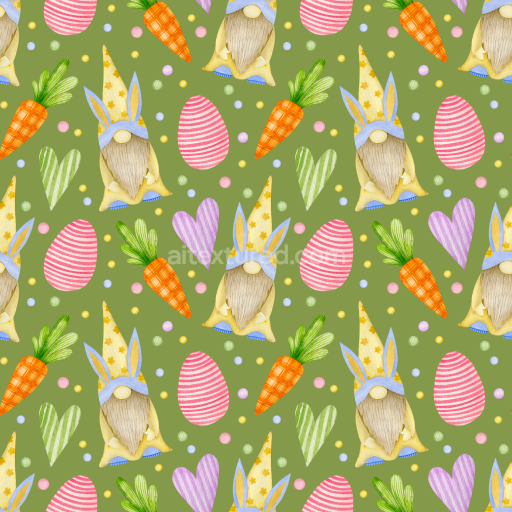 Seamless 3D PBR Digital Paper Texture Featuring Easter Gnomes, Carrots & Hearts on Green