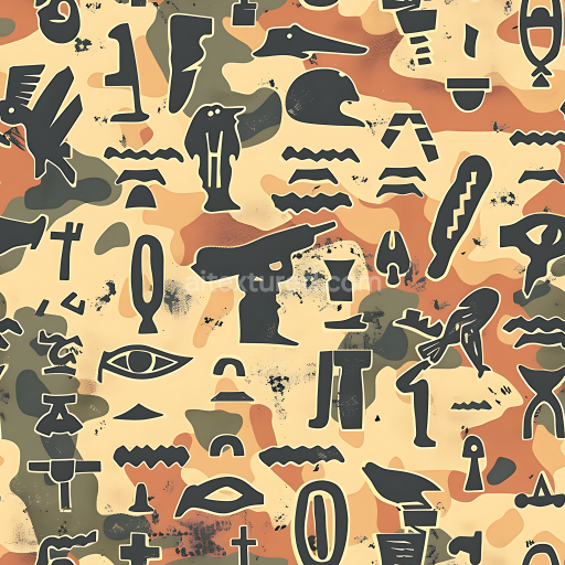 Seamless 3D Desert-Inspired Camouflage PBR Texture with Abstract Hieroglyphic Motifs