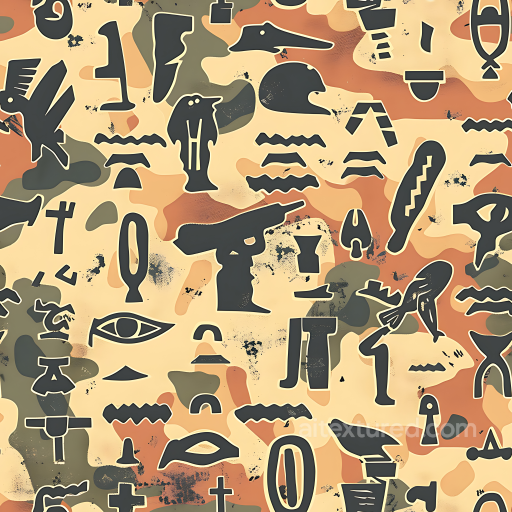 Desert-Inspired Camouflage PBR Texture with Abstract Hieroglyphic Motifs seamless Color Camouflage PBR texture