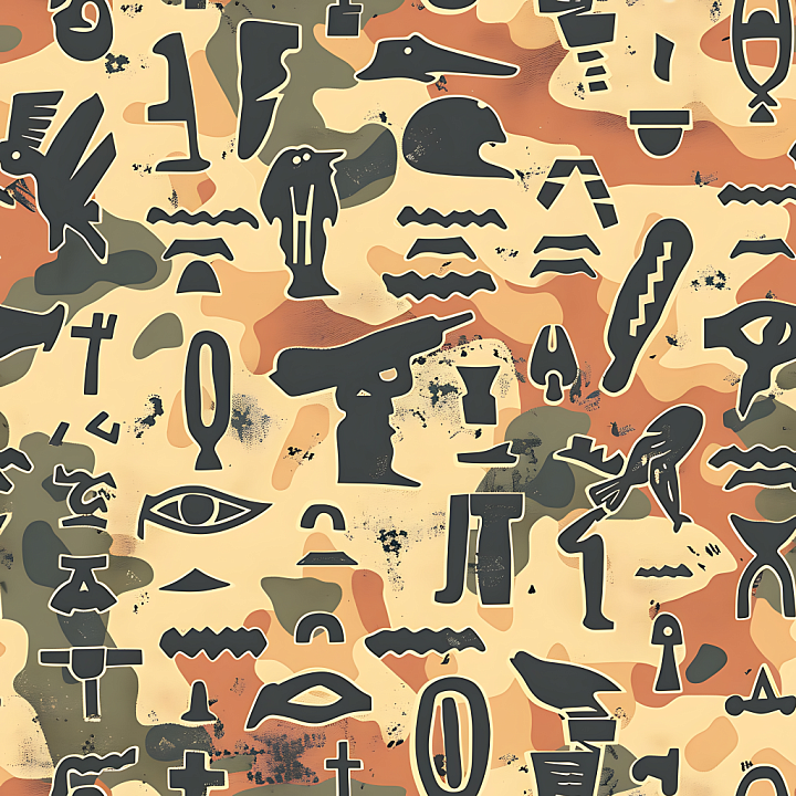 Desert-Inspired Camouflage with Abstract Hieroglyphic Motifs seamless PBR texture preview