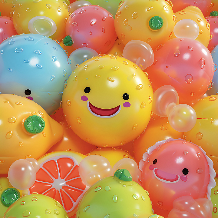 Inflated Featuring Colorful Playful Fruit Balloons with Water Droplets seamless PBR texture preview