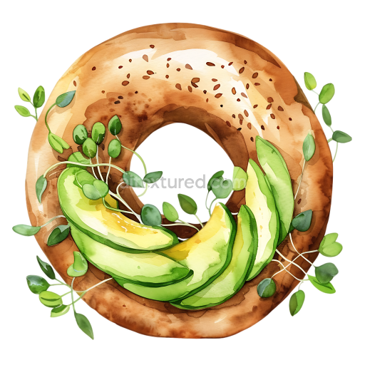 Watercolor Avocado Bagel with Sprouts Breakfast Clipart
