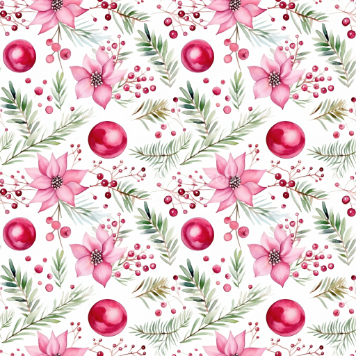 Seamless 3D PBR Christmas Digital Paper Texture with Pink Flowers & Greenery