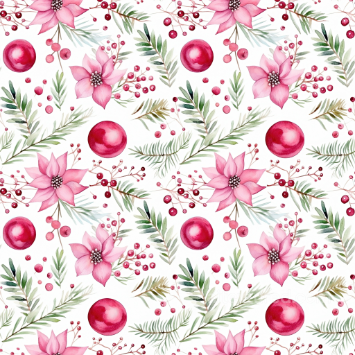 Christmas Digital Paper Texture with Pink Flowers & Greenery seamless All Christmas Digital paper PBR texture