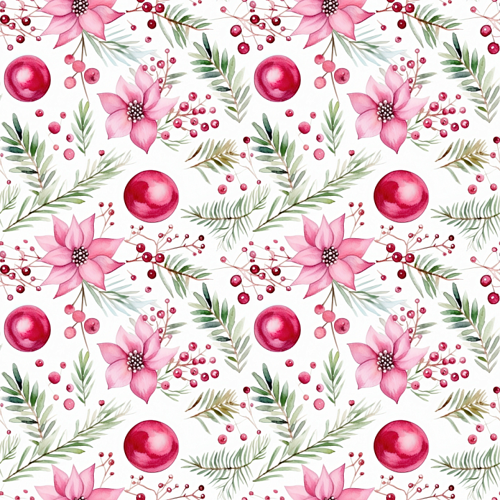 Christmas Digital Paper with Pink Flowers & Greenery seamless PBR texture preview
