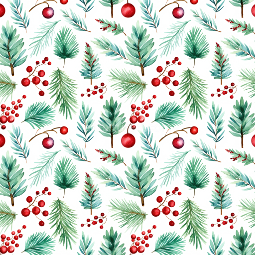 Seamless 3D PBR Watercolor Christmas Texture with Pine Leaves and Red Berries