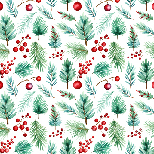 Watercolor Christmas Texture with Pine Leaves and Red Berries seamless Watercolor Christmas PBR texture
