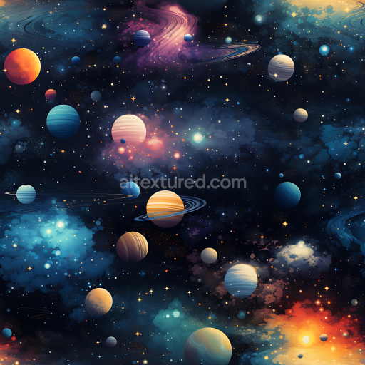 Seamless 3D Space PBR Texture Featuring Vibrant Planets & Cosmic Nebulae
