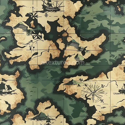 Seamless 3D Vintage Map-Inspired Camouflage PBR Texture with Nautical Illustrations