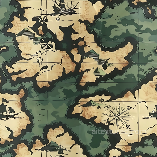 Vintage Map-Inspired Camouflage PBR Texture with Nautical Illustrations seamless Color Camouflage PBR texture