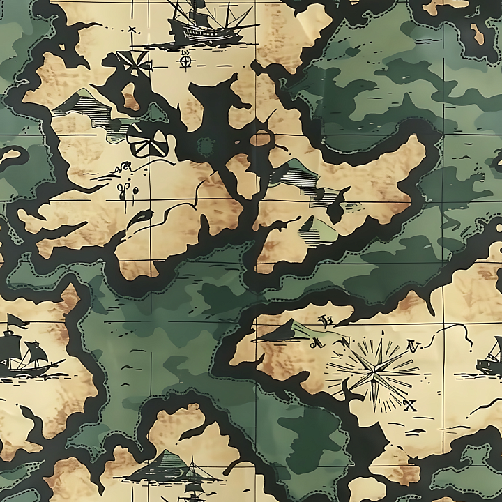 Vintage Map-Inspired Camouflage with Nautical Illustrations seamless PBR texture preview