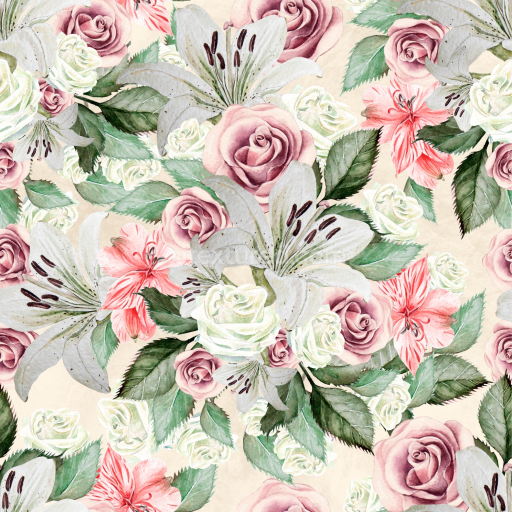 Seamless 3D PBR Floral Watercolor Fabric Texture with Roses and Lilies