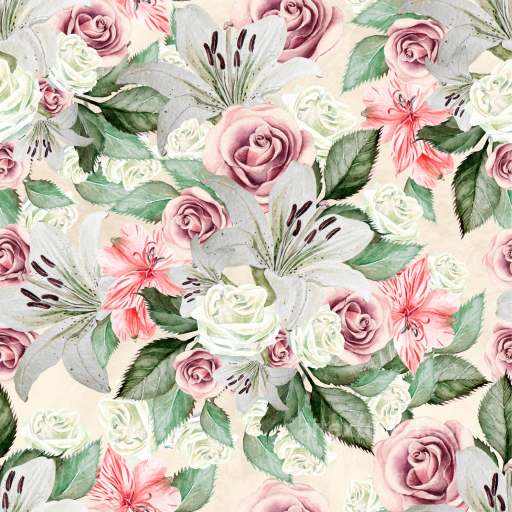 Floral Watercolor Fabric Texture with Roses and Lilies seamless Flower PBR texture