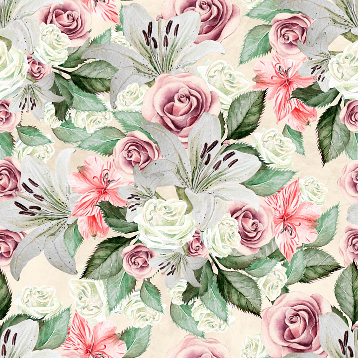 Floral Watercolor Fabric with Roses and Lilies seamless PBR texture preview