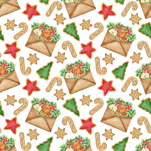 Seamless 3D PBR Texture of Christmas Digital Paper Featuring Festive Cookies and Envelopes