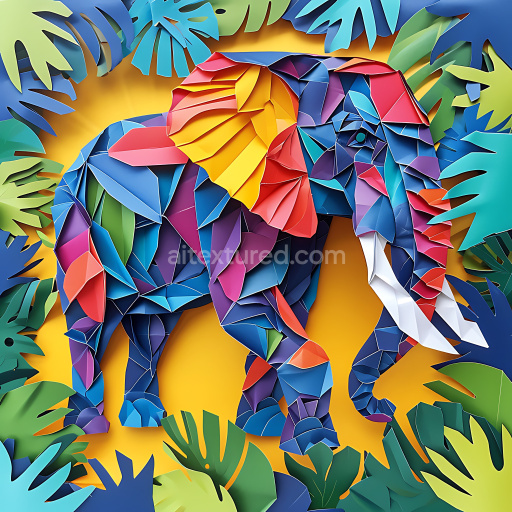 Seamless 3D PBR Texture Featuring a Multicolored Origami Elephant with Tropical Leaf Accents