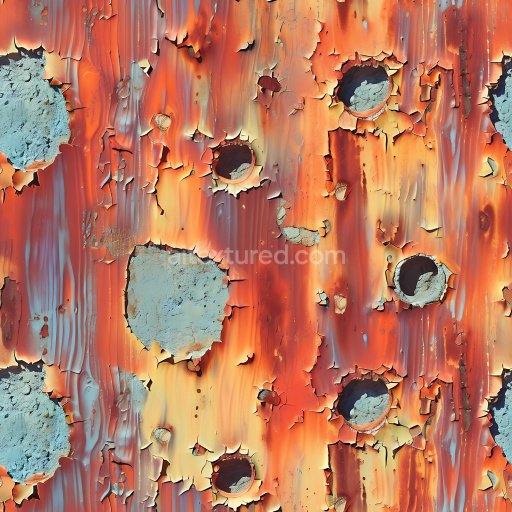 Seamless 3D cracked and holed rusty metal PBR texture with peeling paint