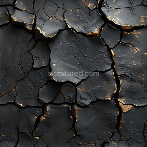 Seamless 3D cracked black paint PBR texture with gold flaked damage