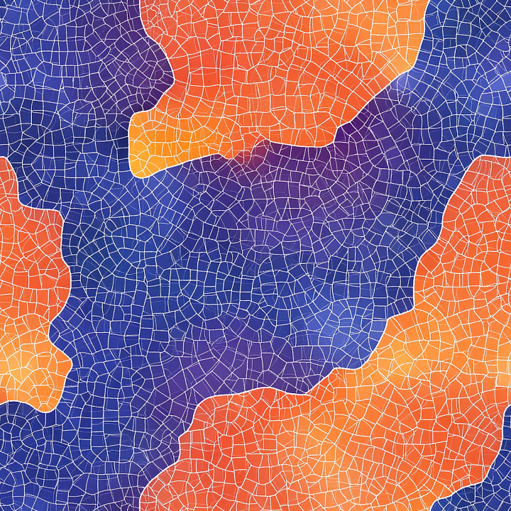 Mosaic of Vibrant Blue and Orange Stone Chip Clusters seamless PBR texture preview