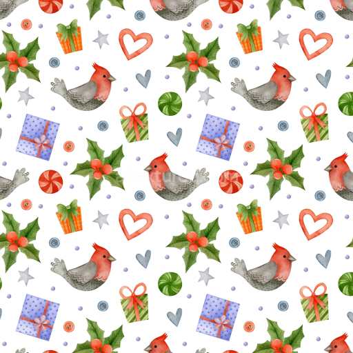 Seamless 3D PBR Christmas Watercolor Pattern Texture with Birds and Gifts