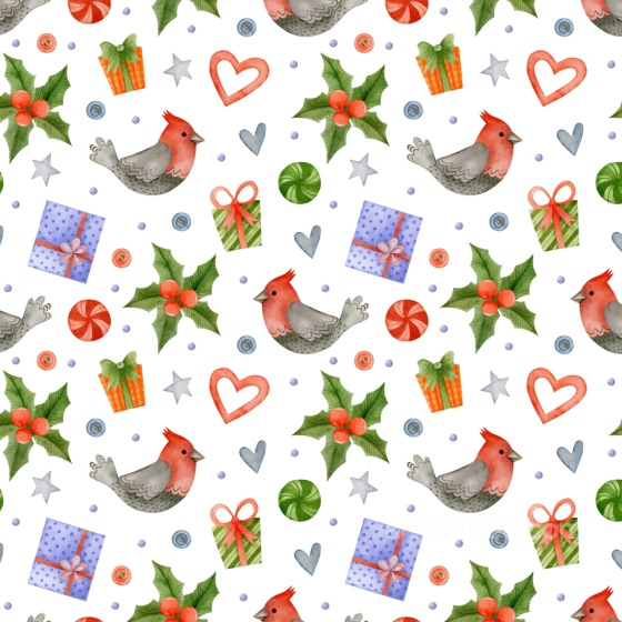 Christmas Watercolor Pattern Texture with Birds and Gifts Christmas Watercolor texture preview